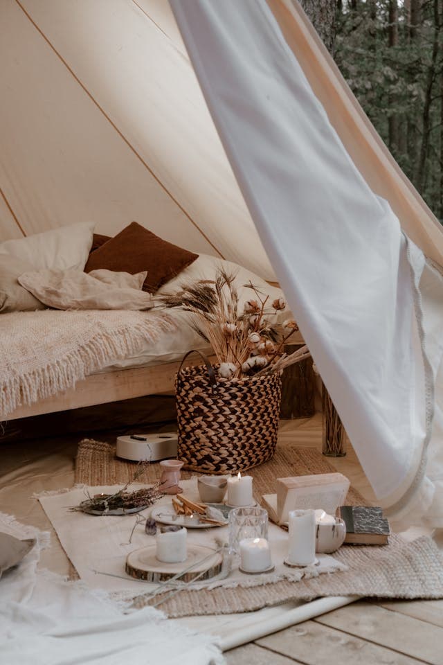 Inside a luxury glamping bell tent at Ballinderry Park, County Galway