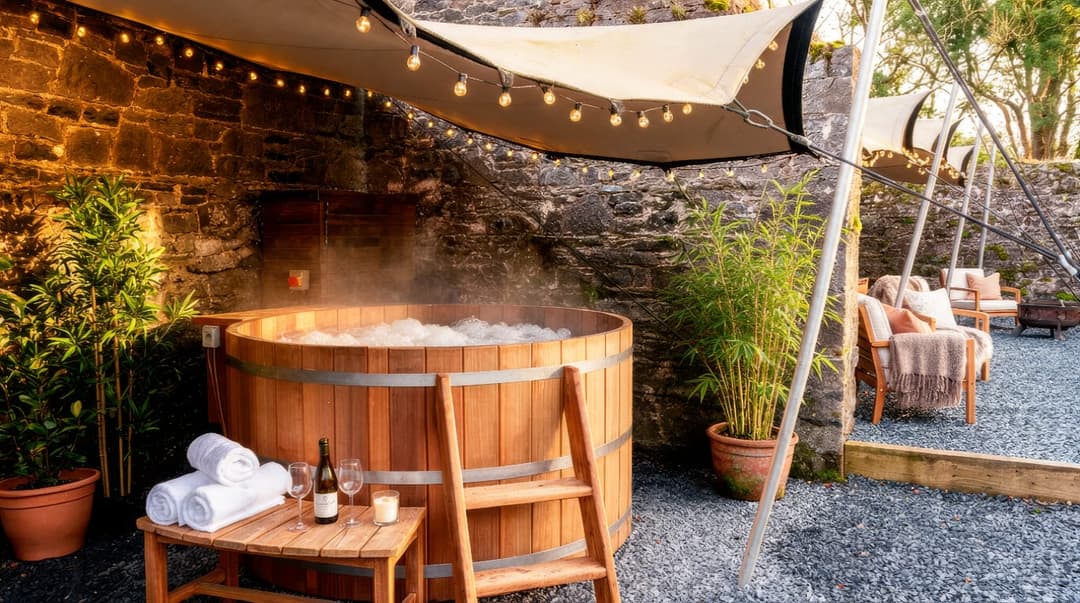 The wood-fired cedar hot tub steaming in the walled courtyard at Ballinderry Park